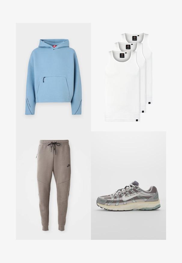 Lys blå hettegenser med snøring i hetten, glidelåslomme foran og kontrasterende mørke sting langs ermene. Stoffet virker mykt og glatt.; Tre hvite ribbestrikkede tank topper laget av bomull. Har en rund hals og små svarte etiketter nær kanten. Tilgjengelig i flere størrelser.; Grå Nike joggebukser med snor i midjen, smale ben, sidelommer og distinkte sømdetaljer. Myk, teksturert stoff.; Grå treningssko med overdel i nett og semsket skinn, hvite detaljer, en polstret såle, og et særpreget design med reflekterende elementer.