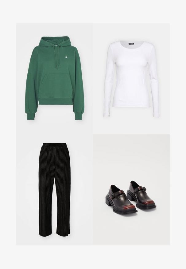 Carhartt WIP HOODED CASEY - Kapucnis pulóver - sycamore tree/silver; Fehér bordás, hosszú ujjú felső, kerek nyakkivágással. Rugalmas anyagból készült, amely követi a test vonalát. Finom vízszintes csíkokkal díszített.; Fekete, széles szárú nadrág fehér függőleges csíkozással, rugalmas derékkal a kényelem érdekében és sima, puha textúrával.; Bőr, blokksarkú cipők fényes, sötét burgundi színben, csatpánttal és lekerekített orral. Texturált talp a tapadásért.