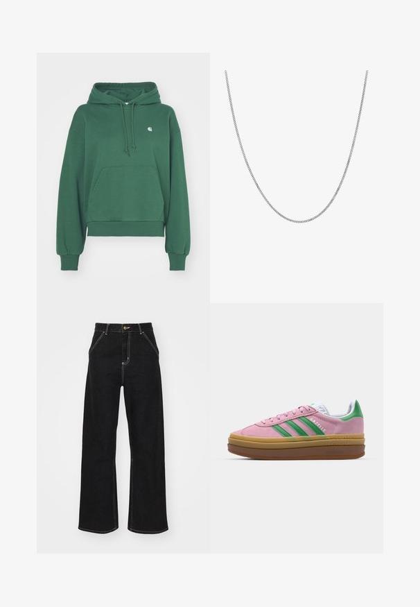 Carhartt WIP HOODED CASEY - Kapuutsiga pusa - sycamore tree/silver; Valge puuvillane T-särk, millel on lõdva lõikega, lühikesed varrukad ja väike broderi logo vasakul rinnakarpi.; Mustmustest mustadest denimist, millel on kontrastsed valged õmblused ja esine nupp, kahe nurga all asuva esipocketiga.; Roosa nahast tossud roheliste triipude, valgete aktsentide ja pruuni kummitaldiga. Omavad tekstuuriga kangast ja logo detaile külgedel.; Hõbedane kettkaelakee sujuva, ümmarguse lame lingikujundusega. Omab läikivat viimistlust ja mõõdab ligikaudu 20 tolli pikkust.