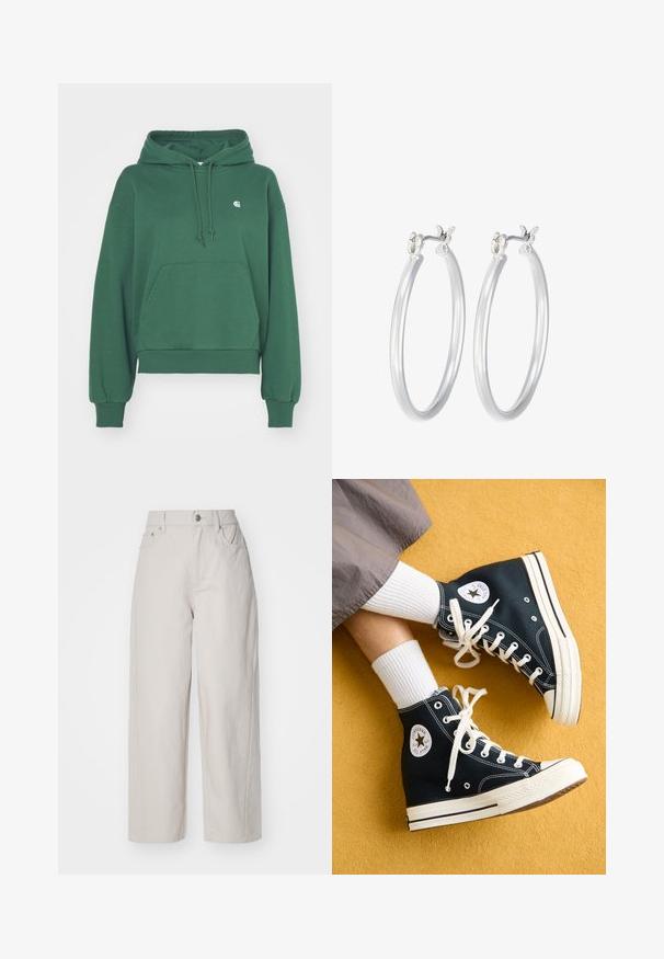 Carhartt WIP HOODED CASEY - Hoodie - sycamore tree/silver; Beige wijde katoenbroek met hoge taille, knoop- en ritssluiting, en vier zakken; zachte textuur met denimafwerking.; Zwarte canvas hoge sneakers met witte veters en rubberen zolen, met een ronde Converse All Star-logo aan de buitenzijde.; Zilveren oorbellen in de vorm van een gladde, gepolijste ring. Ronde vorm met een veilige kliksluiting. Lichtgewicht ontwerp, geschikt voor dagelijks gebruik.