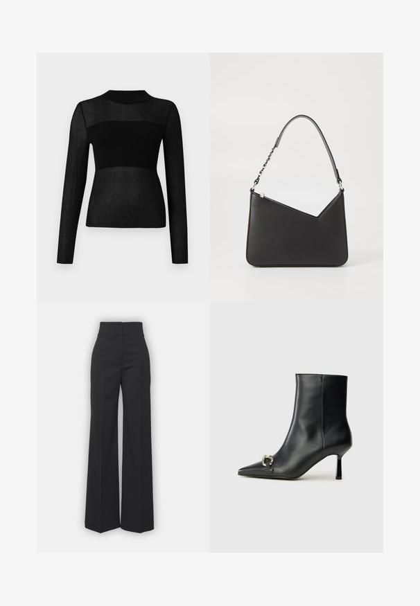 Zwarte lange mouwen top gemaakt van ribbelbrei stof. Heeft een hoge halslijn en een semi-doorzichtig detail over de borst en mouwen.; Wijdvallende broek in zwarte stof met een hoge tailleband, met een schone afwerking en een gladde textuur. Geen zichtbare hardware of patronen.; Zwarte leren enkelboot met spitse neus, slanke middenhoge hak en zilveren gespdetail aan de zijkant op een effen achtergrond.; Zwart leren handtas met een driehoekige vorm, een slanke strap en zilveren hardware. Voorzien van een ritssluiting en een reliëflogo op de voorkant.