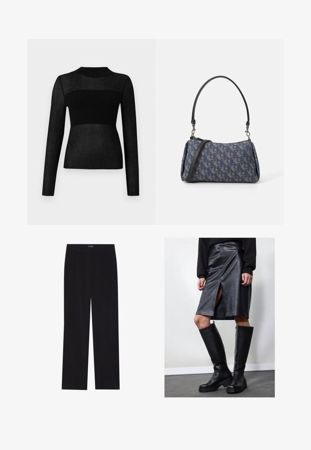 Černý dlouhý rukáv top vyrobený z žebrované pleteniny. Obsahuje vysoký výstřih a poloprůhledný detail na hrudi a rukávech.; Černé kordové kalhoty s rovného střihu, disponující plochým pasem a bez viditelných kapes, hladkou texturou a vertikálním žebrováním.; Černá kožená tužková sukně s předním rozparkem, kombinovaná s černými kozačkami po kolena, které mají zipy a robustní podrážku pro zvýšenou výšku.; Modrá vzorovaná taška vyrobená z látky, s oblým tvarem, černým koženým popruhem a logem v světlejším odstínu.