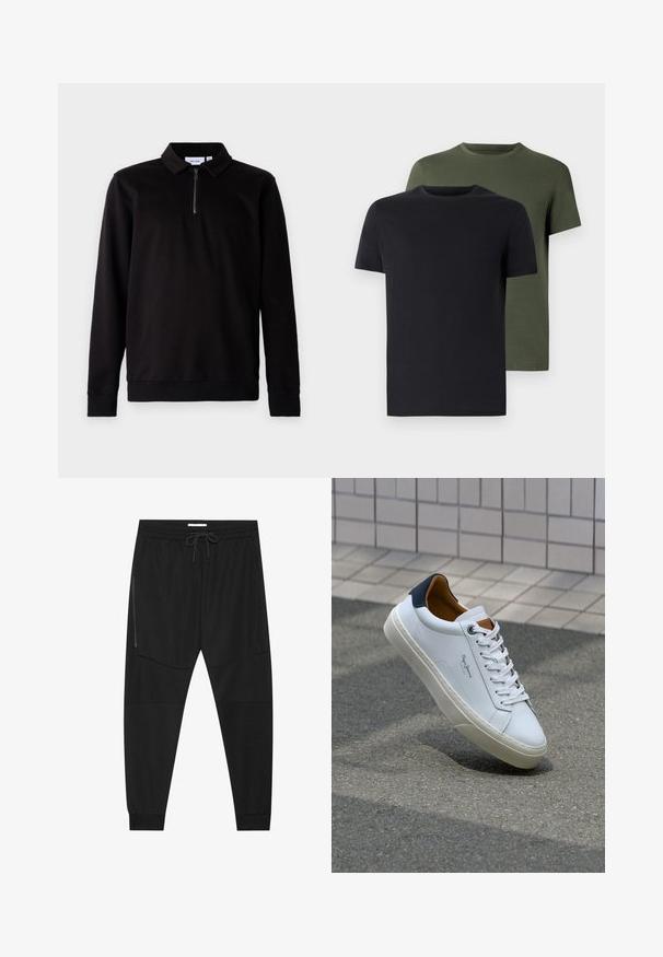 Mustapaita, jossa on pitkät hihat, kaulus, neljännekselle vetoketju edessä ja ribbireunukset hihansuissa ja helmassa. Pehmeä kangas, jossa on sileä pinta.; Kaksi miehen kaula-aukolla varustettua t-paitaa mustana ja oliivinvihreänä, valmistettu pehmeästä puuvillakankaasta. Suunnittelu on yksinkertainen, lyhyet hihat ja suora leikkaus.; Mustat urheiluhousut, jotka on valmistettu teksturoidusta kankaasta. Housuissa on säädettävä vyötärö, vetoketjullinen sivutasku ja kapenevat hihnat.; Valkoinen nahkakenkä, jossa on tummansininen kantapää, pyöreä kärki ja ristikkäiset ruskeat korostukset. Varustettu tasapaksuilla nauhoilla ja teksturoidulla kumipohjalla.