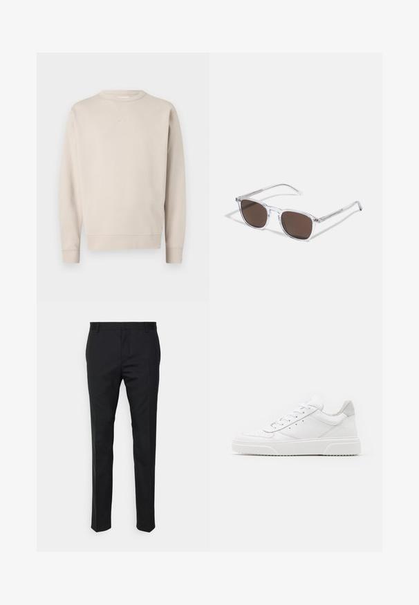 Sweatshirt bege feito de um tecido macio, com mangas longas, decote arredondado e punhos canelados. Apresenta um detalhe de costura subtil no pescoço.; Calças pretas sob medida com um corte reto, feitas de um tecido suave. Apresentam passadores de cinto e um detalhe de pregas na parte da frente.; Ténis brancos em pele com acabamento suave, biqueira arredondada, atacadores planos e sola texturizada. Acento em camurça cinza na parte do calcanhar.; Óculos de sol transparentes com lentes retangulares castanhas, apresentando hastes finas e transparentes e detalhes em metal nas laterais.