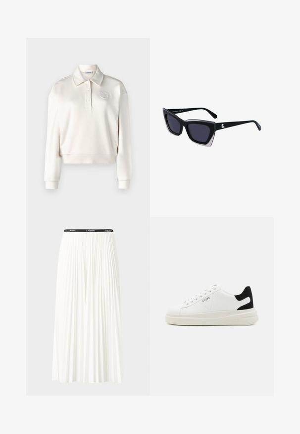 Krém színű, hosszú ujjú pólóing, gallérral, három gombos gombolással, és hímzett logóval a bal felső részen. Puha tapintású.; Plisszírozott fehér szoknya fekete elasztikus derékkal, amelyen a "LACOSTE" logó található. Középhosszú kialakítás, puha tapintással.; Fehér bőr sportcipők vastag fehér talppal, fekete velúr sarokpikkelyel és dombornyomott logóval az oldalon. Fűzős kialakítás, hat fűzőlyukkal.; Fekete, nagyméretű napszemüveg geometrikus formával, sötét lencsékkel és kontrasztos szürke részlettel a kereten. Logó a szárán.