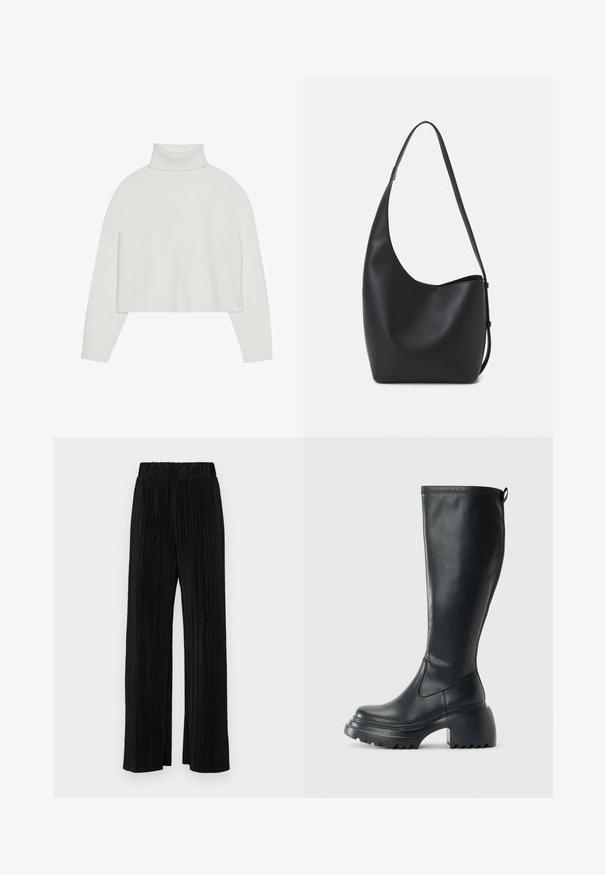 Balta īsā turtlenecka džemperis ar ribotām piedurknēm un apakšmalu. Maiga tekstūra, plašas piedurknes un bezšuvju dizains aizmugurē.; Melni plīšu bikses ar elastīgu jostu. Tām ir platākas kājas un gluda, teksturēta auduma ar vertikālām svītrām.; Augstas melnas ādas zābakus ar masīvu platformu un bloka papēdi, ar vilkšanas cilpu un strukturētu profilu uz ārējā zoles.; Melnas ādas hobo soma ar gludu tekstūru, izliekta forma un vienu regulējamu jostu; augšā ir plaša atvere.