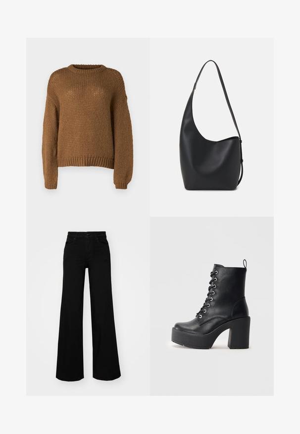 Pulôver de malha castanho com decote redondo, mangas longas e um padrão texturizado. O tecido parece suave e volumoso.; Calças largas pretas em denim, com uma cintura estruturada, passantes para cinto e bolsos frontais. Textura suave com um design clássico.; Botim de pele preta até ao tornozelo com um salto bloco chunky, frente com atacadores e superfície texturizada. Apresenta uma lingueta na parte de trás para um uso fácil.; Saco hobo preto em pele com uma textura lisa, forma curva e uma única alça ajustável; apresenta uma abertura larga na parte de cima.