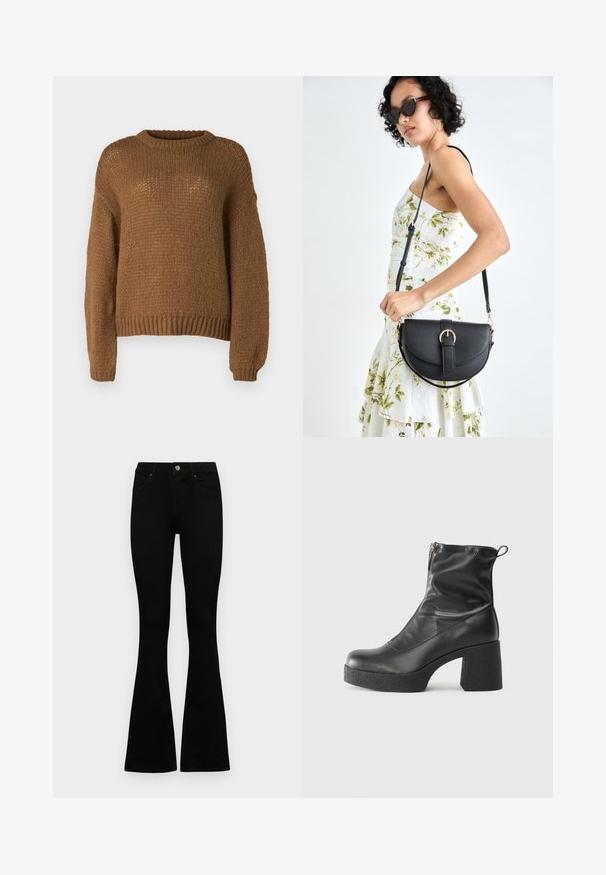 Brun stickad tröja med rund halsringning, långa ärmar och ett texturerat mönster. Tyget ser mjukt och tjockt ut.; Svarta högmidjade jeans med knäppning och dragkedja, frontfickor och utsvängda ben, liggande platt på en vit bakgrund.; Svarta ankelstövlar i slitstark läder, med sidodragkedja, kraftig strukturerad klack och rundad tådesign.; Svart läderhandväska med en böjd form, avtagbar rem och guldiga detaljer. Väskan har ett lock med en spänndetalj.