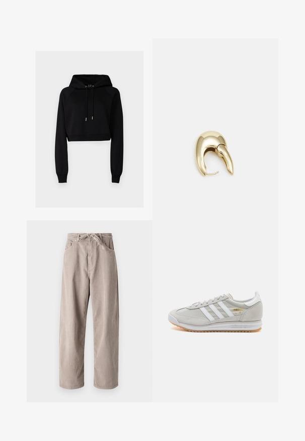 GAP ULTRA CROP HOODIE - Ikdienas džemperis - true black; Bežīgas korduroja bikses ar brīvu piegriezumu, ar saistāmām jostām, divām priekšējām kabatām un vertikālu ribotu tekstūru.; Gaišpelēka kedas, izgatavotas no zamša un sieta, ar trim baltām svītrām, apaļu purngalu un gumijas zoli. Zelta logo akcenta detaļa blakus auklām.; Zeltīti metāla auskari ar gludu, izliekta dizaina. Ar atšķirīgu smailu formu, pulētu virsmu un eņģu aizdari.