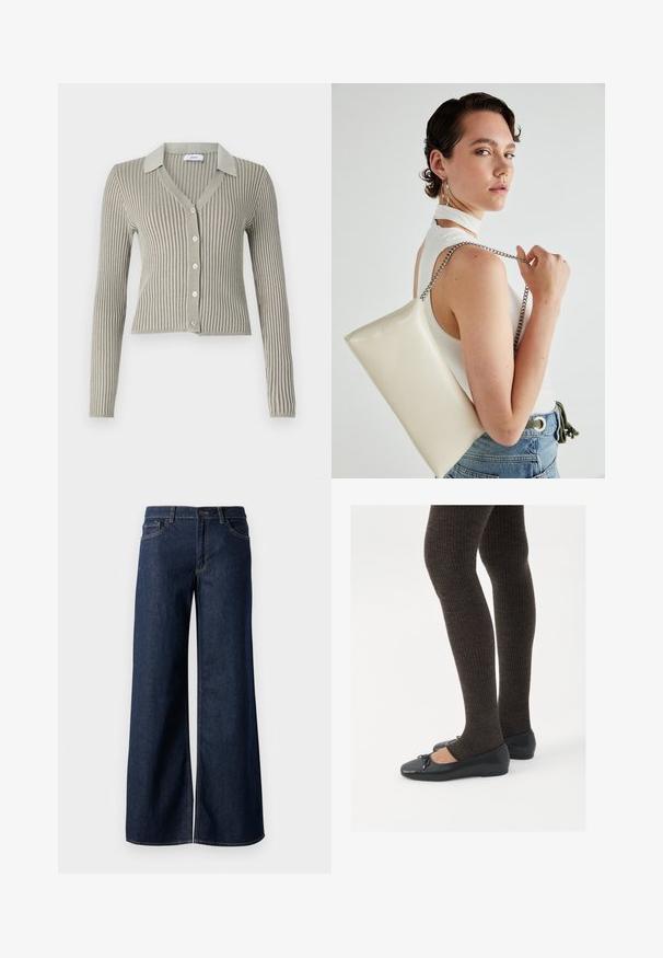 Cardigã canelado cinza claro com gola, mangas longas e fecho frontal de cinco botões; tecido texturizado com riscas verticais.; Jeans de perna larga em denim azul escuro. Apresenta costura em contraste, cinco bolsos e um fecho de botão na cintura. Textura lisa.; Sapatos planos pretos com um pequeno laço na ponta, emparelhados com meias-calças caneladas castanhas escuras. Os sapatos têm uma textura suave e um design discretamente baixo.; Bolsa de mão retangular branca, feita de material brilhante, com uma alça em corrente prateada. Modelo posa, exibindo a bolsa contra um fundo simples.