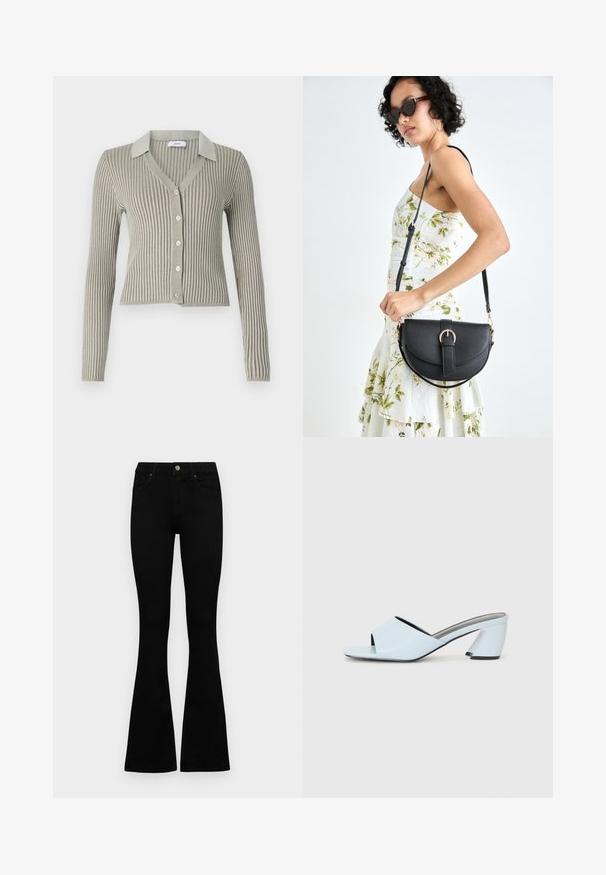 Ljust grå ribbad cardigan med krage, långa ärmar och femknäppt framtill; textil med vertikala ränder.; Svarta högmidjade jeans med knäppning och dragkedja, frontfickor och utsvängda ben, liggande platt på en vit bakgrund.; Ljusblå öppna klackskor med geometrisk design, med ett brett rem över foten och en kraftig, vinkelrät klack.; Svart läderhandväska med en böjd form, avtagbar rem och guldiga detaljer. Väskan har ett lock med en spänndetalj.