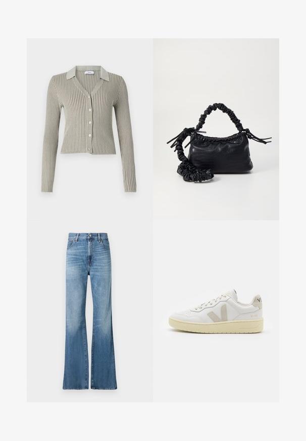 Heled hall ribaga kardigan kraega, pikkade varrukatega ja viie nööbi esise sulgemisega; struktureeritud kangas vertikaalsete triipudega.; Replay BECKA PANTS - Avar lõikega teksad - medium blue; Valge nahast tenniseking, millel on beežist siidist aktsent ja aukudega varvas, lame paelad ja tekstureeritud koorevärvi tallad. Omab nüansirikast brändimist kannal.; Must must sünteetilisest nahast käekott, millel on krokodillimuster, kokku tõmmatav ülaosa ja kortsus rihm. Tundub pehme ja kompaktne disain.