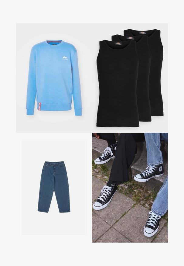 Sweatshirt azul claro feito de material macio, com decote arredondado, punhos canelados e um pequeno logótipo branco no peito. Acento em vermelho.; Tops de tanque pretos em um pacote de três. Textura canelada, decote redondo padrão, sem mangas. A barra apresenta um pequeno logotipo da marca na parte inferior.; Calças de ganga azul com um corte descontraído, cintura alta, design de cinco bolsos e detalhes em costura. Apresenta um fecho com botão e zíper.; Sneakers de lona pretos de cano alto com solas e atacadores brancos, apresentando um logótipo circular de lado e combinados com calças de ganga e calças pretas.