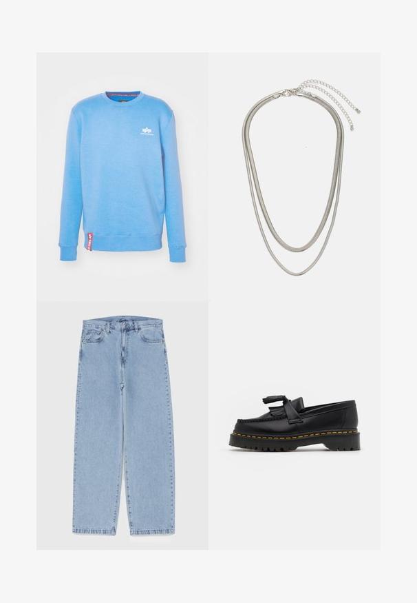 Világoskék pulóver, puha anyagból készült, kerek nyakú, bordás mandzsettákkal és egy kis fehér logóval a mellkason. Piros szalag díszítéssel.; Világoskék farmernadrág egyenes szárú kivitelben, közepes derékkal, öt zsebbel, gombos és cipzáros záródással.; Fekete bőr mokaszin, rojtos díszítéssel, masszív fekete talppal és sárga varrással az élén. Texturált felület.; Háromrétegű ezüstszínű fém nyaklánc, letisztult, rugalmas láncokkal, enyhe fényességgel, homárkapoccsal rögzítve és állítható lánccal.