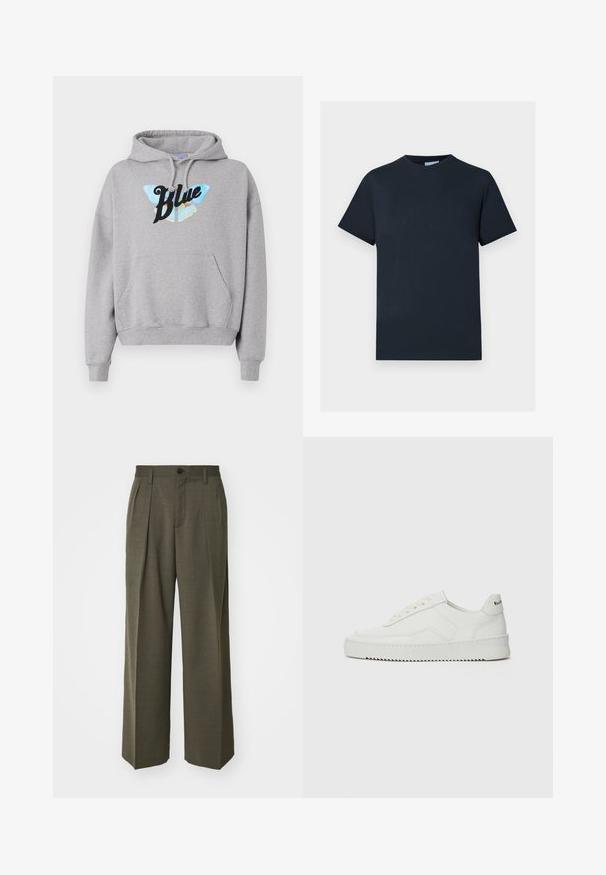 Huppari, jossa on harmaa väri, edessä kenguru-tasku, nyöritettävä huppu ja perhosgrafiikka, jossa on mustalla kirjoitettu sana "Blue".; Laivansininen puuvillapaita, lyhyet hihat, pyöreä pääntie, jossa on teksturoitu logo-design rinnassa vaaleammassa sävyssä.; Filippa K WIDE TROUSERS - Housut - driftwood; Valkoinen nahkakenkä, jossa on sileä pinta, pyöreä kärki, tasaiset nauhat ja teksturoitu pohja. Sisältää huomaamattoman logon kantapäässä.