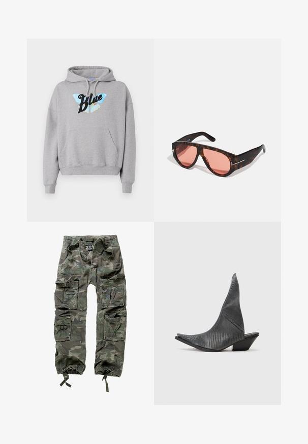 Felpa grigia con cappuccio, dotata di tasca a marsupio frontale, cordoncino per il cappuccio e una grafica di una farfalla con la parola "Blu" in nero.; Pantaloni cargo mimetici in cotone, dotati di numerose tasche, polsini elasticizzati e una vestibilità ampia con vita regolabile tramite cordino.; Mule nere con tacco alto e punta affusolata, caratterizzate da una texture a motivo serpente. Presentano un tacco triangolare basso e un design superiore curvo e liscio.; Occhiali da sole tartarugati con lenti rosa, caratterizzati da un audace design angolare e sottili dettagli in metallo argentato sulla montatura.