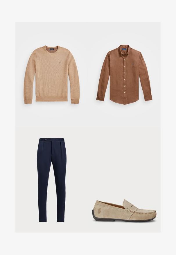 Béžový pletený svetr s kulatým výstřihem, žebrovanými manžetami a lemem a malým vyšitým logem na levém prsu.; Hnědá košile s dlouhým rukávem a knoflíky vpředu, vyrobená z lnu, s klasickým límcem a malým modrým logem na hrudi.; Námořnické modré kalhoty s přizpůsobeným střihem, plochým předním dílem, dvěma předními sklady a jedním knoflíkem na zapínání, vyrobené z hladké, texturované látky.; Béžové semišové mokasíny se šitým detailem, plochou gumovou podrážkou a malým logem na boku. Klasický design na klín, měkká textura.
