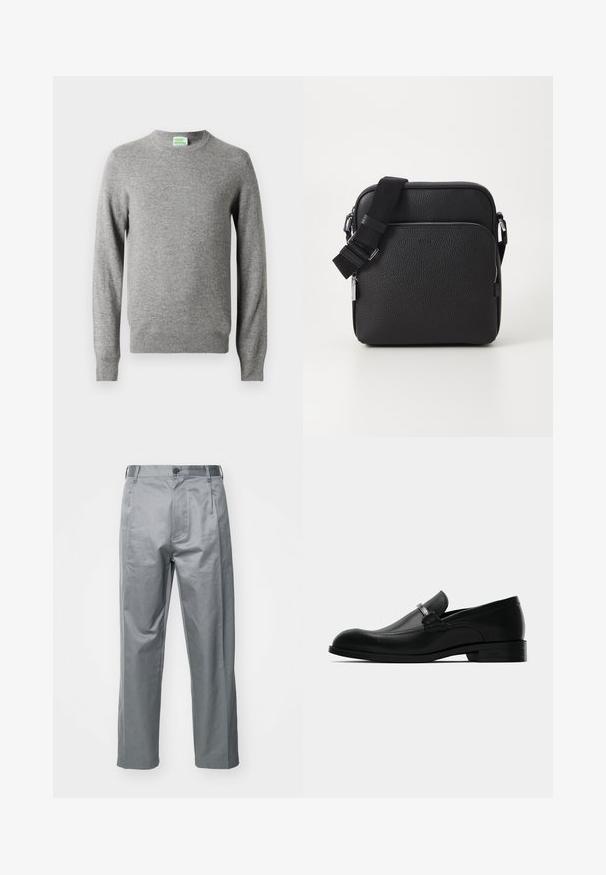 Hele halli ümar kaelusega pikkade varrukatega kampsun, millel on ribatud randmed ja allserv, ning mille kaela sees on väike "From Future" silt.; Hallitse hägatud puuvillasegused püksid, millel on sirge lõikega disain, ees nupuga kinnitus, vööde augud ja küljetaskud.; Must meeste musta nahast loafers, millel on metalne pärga detail, madal kõrgus ja bränditud talla, näidatud külgpildis valges taustal.; Musta nahkne ristiõla kott tekstureeritud pinnaga, millel on esiküljel lukuga tasku, reguleeritav rihm ja metallist aksessuaarid.