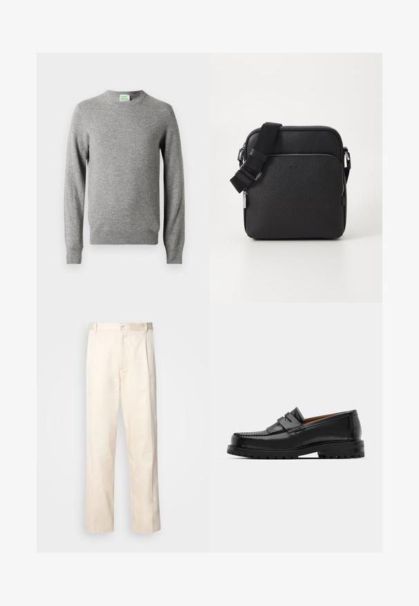 Jersey de punto gris claro de manga larga y cuello redondo con puños y dobladillo acanalados, que presenta una pequeña etiqueta "From Future" en el interior del cuello.; Pantalones de algodón beige con corte recto, que cuentan con un cierre de botón y pliegues en la parte frontal para un detalle adicional.; Los mocasines de cuero negro presentan una costura elevada, dos correas decorativas en la parte superior y una suela gruesa y texturizada para mayor agarre.; Bolso cruzado de cuero negro con una superficie texturizada, que presenta un bolsillo con cremallera en la parte frontal, correa ajustable y acentos de hardware metálico.