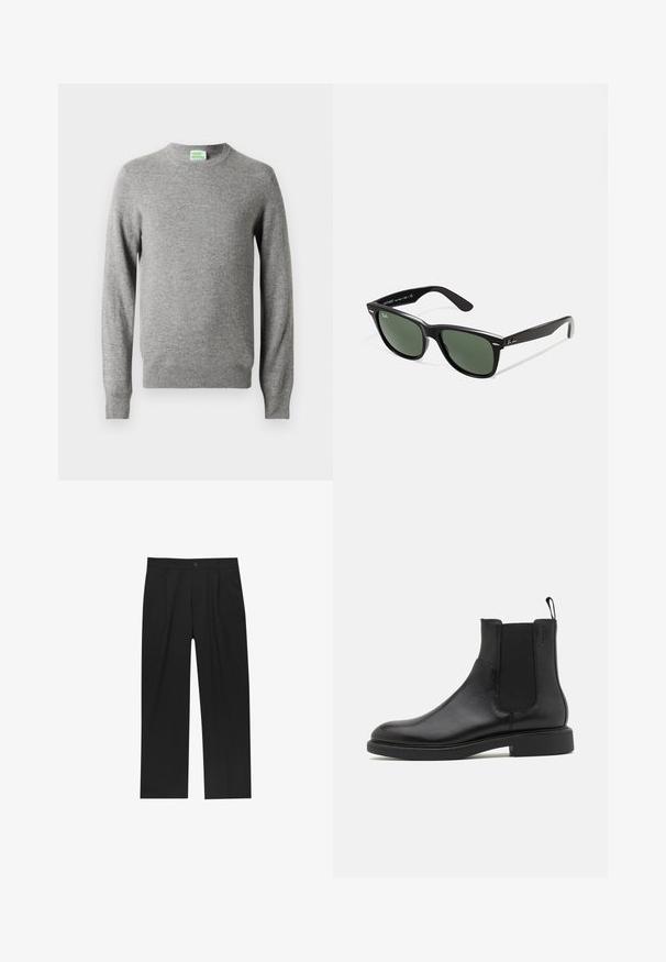 Világosszürke, kerek nyakú, hosszú ujjú pulóver, bordázott mandzsettákkal és aljjal, a nyak belső részén egy kis "A Jövőből" címkével.; Fekete nadrág egyenes szárú kialakítással, sima anyagból készült. Elöl redők és egy gombos záródás található a derékon.; Fekete bőr bokacsizma sima felülettel, elasztikus oldalsó panelekkel és egy húzófüllel. Kerek orr és lapos gumi talp minimális bordázattal.; Fekete műanyag napszemüveg zöld lencsékkel, négyzet alakú kerettel, ezüst díszítéssel a keret felső részén, valamint texturált szárakkal. A márka neve a belső száron található.