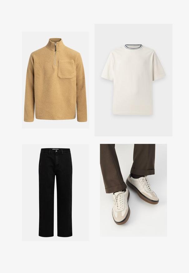 Beiger Fleece-Pullover mit hohem Kragen, halbem Reißverschluss an der Vorderseite und einer Brusttasche. Strukturierter Stoff mit weichem, gemütlichem Aussehen.; Cremefarbendes Baumwoll-T-Shirt mit kurzen Ärmeln, das über einen runden Halsauschnitt mit navy- und weißen Streifen verfügt. Glatte Textur, lässige Passform.; Schwarze Jeanshose mit geradem Schnitt, klassischem Fünf-Taschen-Design und einem Knopfverschluss an der Taille. Glatte Textur und strapazierfähiger Stoff.; Beige Sneakers mit einer strukturierten Wildlederfront, glatten Lederseiten und einer braunen Gummisohle. Bändel und helle Nähdetails sind enthalten.