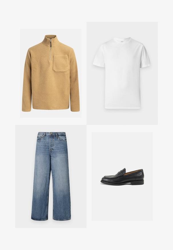 Pullover in pile beige con colletto alto, zip frontale a mezze zip e taschino sul petto. Tessuto testurizzato con un aspetto morbido e accogliente.; T-shirt bianca a maniche corte realizzata in morbido cotone. Presenta un collo rotondo e un orlo dritto con dettagli minimi.; Jeans in denim blu a gamba larga con lavaggio sbiadito, design a cinque tasche e chiusura con bottone. Dotati di passanti per cintura e dettagli cuciti.; Mocassini in pelle nera con finitura liscia, punta arrotondata e cuciture decorative sulla tomaia. Tacco basso impilato e leggero lucido.