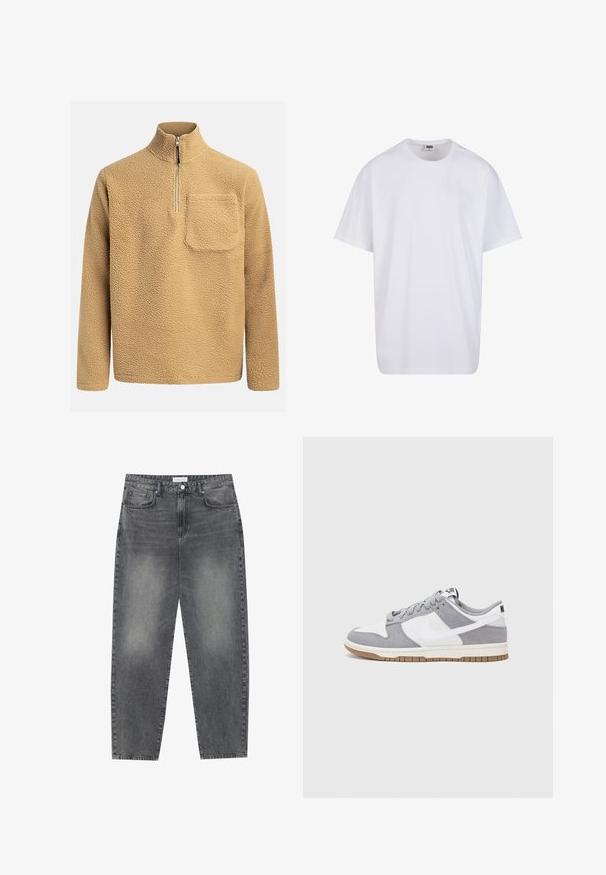 Beżowy polarowy sweter z wysokim kołnierzem, pół-zamkiem z przodu i kieszenią na piersi. Teksturowany materiał o miękkim i przytulnym wyglądzie.; Biała bawełniana koszulka z krótkimi rękawami, okrągłym dekoltem, luźnym krojem i bez widocznych logo lub wzorów. Gładka tekstura i minimalistyczny design.; Jeansy z wysokim stanem, luźne, w wyblakłym czarnym deninie. Posiadają pięć kieszeni, szlufki na pasek oraz prosty, klasyczny krój nogawek.; Szare i białe trampki z zamszową i skórzaną cholewą, okrągłym noskiem, płaskimi sznurówkami i gumową podeszwą z akcentem w kolorze gumy.