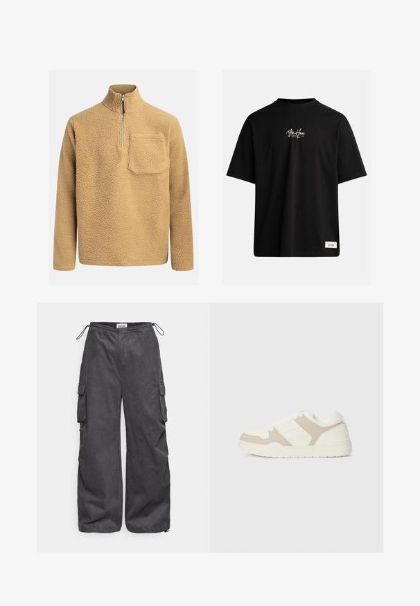 Béžový flísový pulóver s vysokým golierom, predným polovičným zipsom a vreckom na hrudi. Štruktúrovaná látka s jemným, útulným vzhľadom.; Čierne tričko s krátkym rukávom vyrobené z bavlny. Obsahuje malé biele logo na hrudi a obdĺžnikový štítok v pravom dolnom rohu.; Sivé cargo nohavice s textúrovanou tkaninou, elastickým pásom, šnúrkou a detailmi postranných vreciek. Voľný strih s širokými nohavicami.; Biele a béžové tenisky s kombináciou hladkej a semišovej textúry, okrúhlym špičkou, šnurovaním a plochou gumovou podrážkou.