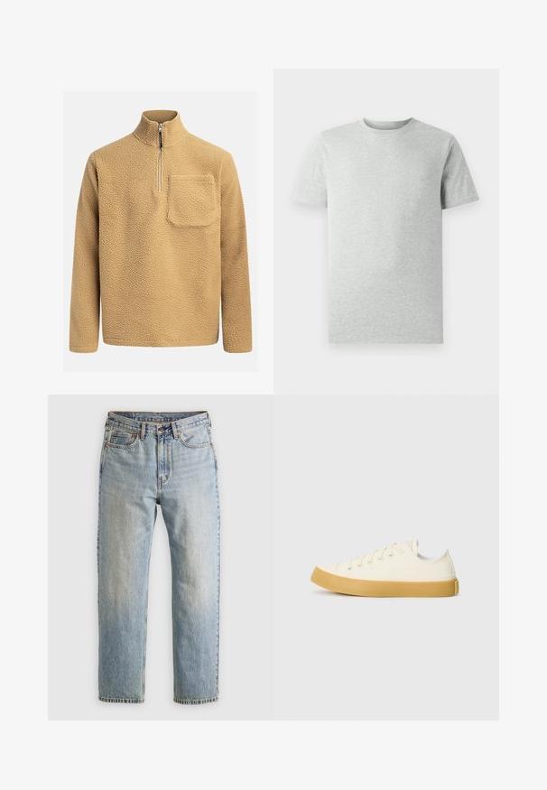Bež flis pulover z visokim ovratnikom, pol-zadrgo spredaj in žepom na prsih. Teksture z mehkobnim in prijetnim izgledom.; Enostavna svetlosiva kratka majica s kratkimi rokavi in krožnim ovratnikom, prikazana na belem ozadju, sprednji pogled brez vidnih logotipov ali vzorcev.; Svetlo modri džins hlače z visokim pasom, sprednjim gumbom, zadrgo in petimi žepi, laid flat na nevtralni podlagi.; Platnene superge v off-white barvi z okroglim nosom, z bež gumijastimi podplati in petimi odprtinami za vezalke, z zrnato površino na zgornjem delu.