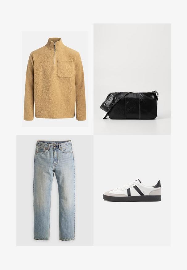 Beež fliispullover kõrge kraega, pooltõmblukuga ees ja rinnataskuga. Tekstuuriga kangas, mis on pehme ja hubane välimus.; Heledad hele sinine teksapükste kõrge vöökoht, ees nupuga, lukuga ja viie taskuga disain, asetatud tasasele neutraalsele taustale.; Valged tossud mustade ja hallide aktsentidega, tekstureeritud halli varbakattega, musta kummitald ja lamedad valged paelad. Puhtad jooned, minimalistlik stiil.; Must mustra nahkainine õlakott, millel on tõmblukk, tekstureeritud pind, valged õmblused ja rihm hõbedaste rõngastega.