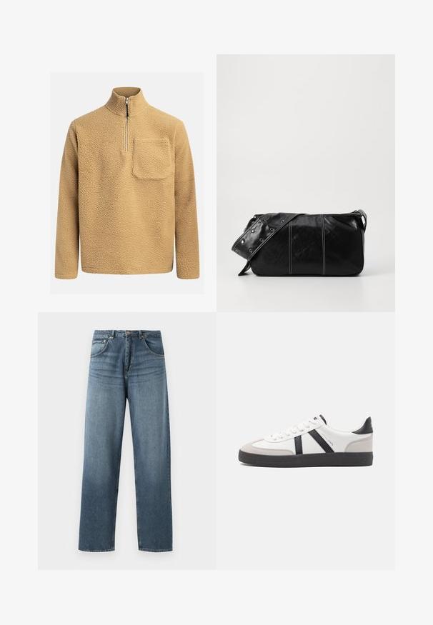 Bezs színű fleece pulóver magas gallérral, félcipzáros elülső résszel és mellzsebből áll. Texturált anyag, amely puha és kényelmes megjelenést kölcsönöz.; Egyenes szárú kék denim farmernadrág, kopott mosással, öt zsebes kivitelezéssel, fém gombbal és övhurkokkal. Közepes súlyú, strukturált anyag.; Fehér sneaker fekete és szürke részletekkel, textúrált szürke orr résszel, fekete gumitalppal és lapos fehér fűzőkkel. Tiszta dizájn, minimalista stílus.; Fekete bőr válltáska, cipzárral zárva, texturált felülettel, fehér varrással és ezüst fémgyűrűs pánttal.
