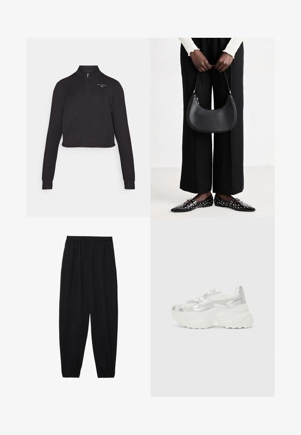 Černá zkrácená mikina s vysokým límcem a čtvrtinovým zipem. Obsahuje dlouhé rukávy a logo na hrudi. Hladká textilie.; Černé, lehké kalhoty s elastickým pasem a nařasenými kotníky. Tkanina je hladká a má uvolněný, zúžený design.; Stříbrné tenisky s texturovaným síťovým svrškem a iridescentními akcenty, s robustní bílou podrážkou a šněrováním.; Černá kožená kabelka přes rameno s kulatým tvarem, lesklým povrchem a stříbrnými kovovými prvky. Osoba v černých širokých kalhotách a s ozdobenými mokasíny.