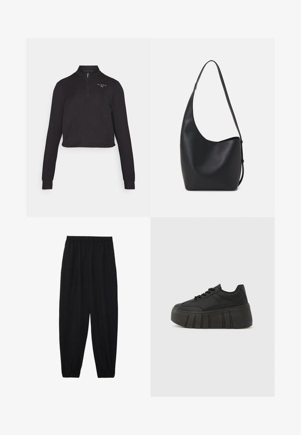 Black cropped sweatshirt with a high collar and quarter zip. Features long sleeves and a logo on the chest. Smooth fabric texture.; Black, lightweight pants with an elastic waistband and gathered ankles. The fabric is smooth and features a relaxed, tapered design.; Black platform sneakers with a smooth synthetic upper, rounded toe, lace-up design, and a thick, ridged sole for added height.; Black leather hobo bag with a smooth texture, curved shape, and single adjustable strap; features a wide opening at the top.