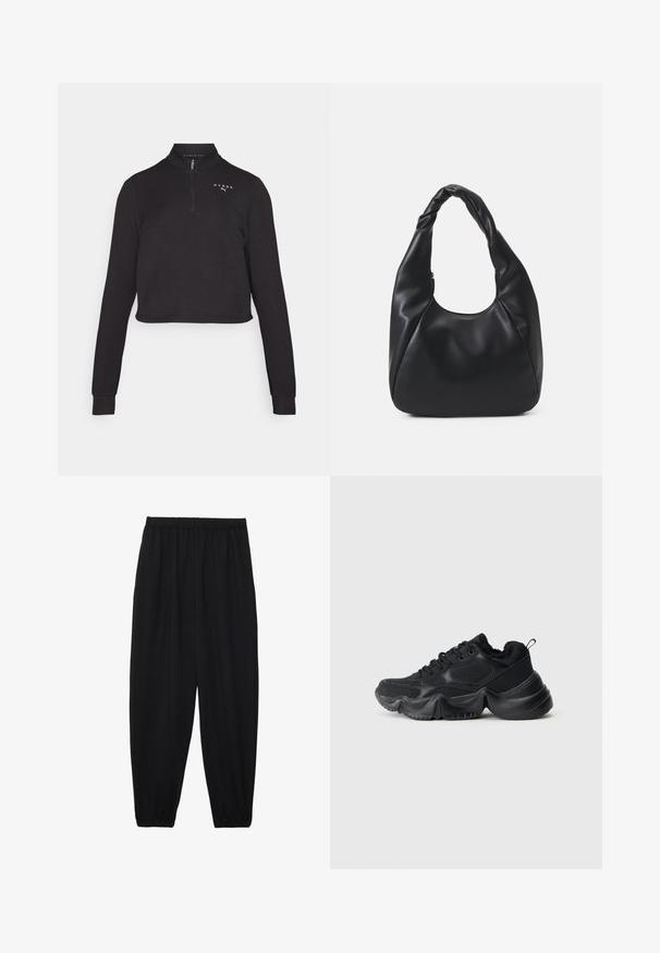 Black cropped sweatshirt with a high collar and quarter zip. Features long sleeves and a logo on the chest. Smooth fabric texture.; Black, lightweight pants with an elastic waistband and gathered ankles. The fabric is smooth and features a relaxed, tapered design.; Black sneakers with a mix of smooth and textured materials, thick soles, rounded shape, and decorative stitching. Features a soft, plush cuff.; Black hobo bag made of smooth leather-like material with a twisted handle, featuring a soft, rounded shape and a top zipper closure.