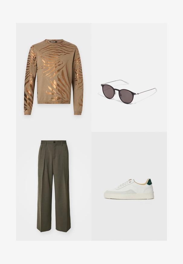 Bež neule, millel on metallik pronksist zebra triibud, ümmargune kaelus ja pikad varrukad ribakujuliste mansettide ja alumise äärisega. Pehme kudumise tekstuur.; Must must T-särk, millel on ümmargune kaelus, lühikesed варст и väljend "EMPORIO ARMANI" valgete tähtedega, mille all on kõveras kujunduses sõna "Milano".; Filippa K WIDE TROUSERS - Püksid - driftwood; Valged tennisjalanõud, millel on sametised aktsendid, ümar varvas, lame nöörid ja kreemjas kummine põhja. Hästi nähtav roheline bränding kannal.; Mustad mustad prillid tumedate läätsedega ja õhukeste metallist käepidemetega. Kaarja kujuga seljaosa ja hõbedased aktsendid hingel. Minimalistlik disain.