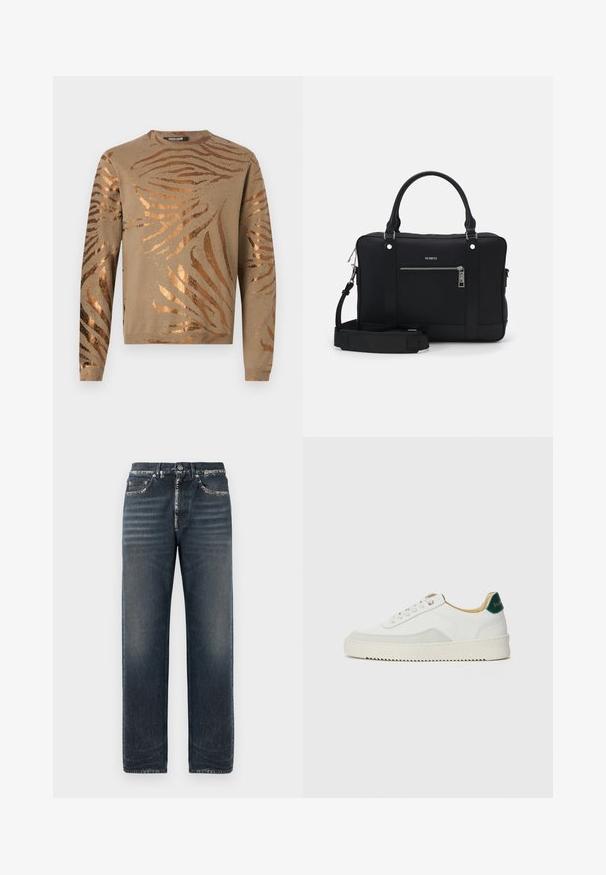 Beiger Pullover mit metallisch bronzefarbenen Zebra-Streifen, rundem Halsausschnitt und langen Ärmeln mit gerippten Bündchen und Saum. Weiche Strickstruktur.; Dunkelblaue Denim-Jeans mit entspannter Passform, dezent ausgewaschen, mit geradem Bein und klassischem Fünf-Taschen-Design.; Weiße Sneaker mit Wildlederelementen, runder Zehenpartie, flachen Schnürsenkeln und einer cremefarbenen Gummisohle. Mit grünen Markenlogo am Fersenbereich.; Schwarze synthetische Tragetasche mit zwei Griffen, einem abnehmbaren Schultergurt, einer Vorderentasche mit Reißverschluss und silberfarbenen Hardware-Akzenten.