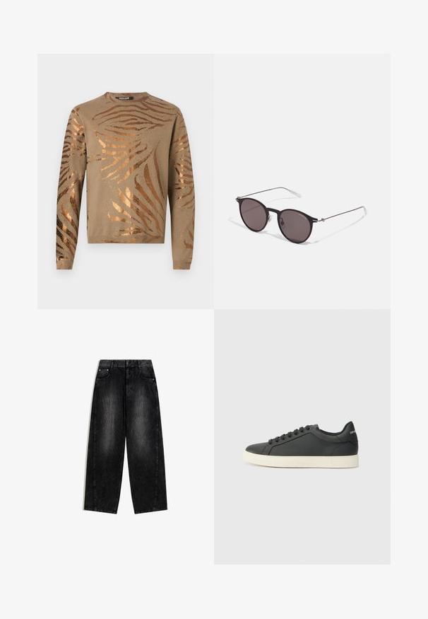 Beige sweater featuring metallic bronze zebra stripes, round neckline, and long sleeves with ribbed cuffs and hem. Soft knit texture.; Black wide-leg jeans made of denim, featuring a washed texture, frontal pockets, and silver hardware accents. Classic button closure at the waist.; Black leather sneaker with a low profile, rounded toe, and lace-up closure; features a textured rubber sole and logo detail on the heel.; Black round sunglasses with dark lenses and slim metal arms. Includes clear temple tips and silver accents at the hinge. Minimalist design.