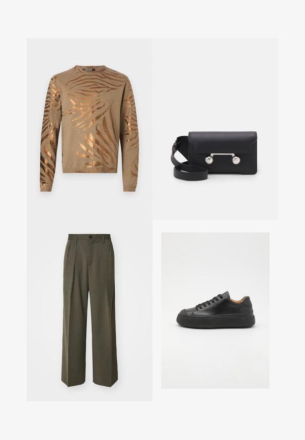 Bež neule, millel on metallik pronksist zebra triibud, ümmargune kaelus ja pikad varrukad ribakujuliste mansettide ja alumise äärisega. Pehme kudumise tekstuur.; Filippa K WIDE TROUSERS - Püksid - driftwood; Mustmust mustarist king kätšiga, ümar varvas, nöörimisega esiosa, sile tekstuur, paks kummist tall ja kontrastne pruun sisemus.; Must со хsaid crossover kottiga black nahka, mis on varustatud klapiga sulgemisega, hõbedased detailid ja kaks ümmargust aksessuaar. Omab eemaldatavat rihma. Sile tekstuur.