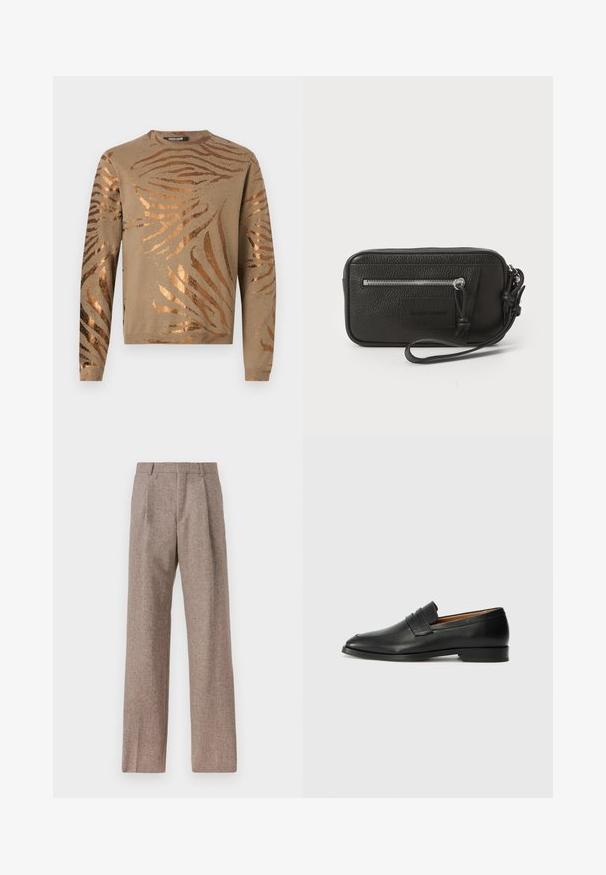 Bežový svetr s metalickými bronzovými pruhy zebra, kulatým výstřihem a dlouhými rukávy s vroubkovanými manžetami a lemem. Měkká pletená textura.; Hnědé kalhoty s vysokým pasem vyrobené z texturované látky. Mají široké nohavice a dva přední sklady pro strukturu. Úhledné provedení bez viditelné kovových částí.; Černé kožené mokasíny s kulatou špičkou, jemným prošíváním a nízkým podpatkem, s hladkým povrchem a minimalistickým designem.; Černá kožená kabelka s texturovaným povrchem, přední kapsou na zip a odnímatelným zápěstním poutkem. Na přední straně se nachází logo. Obdélníkový tvar.
