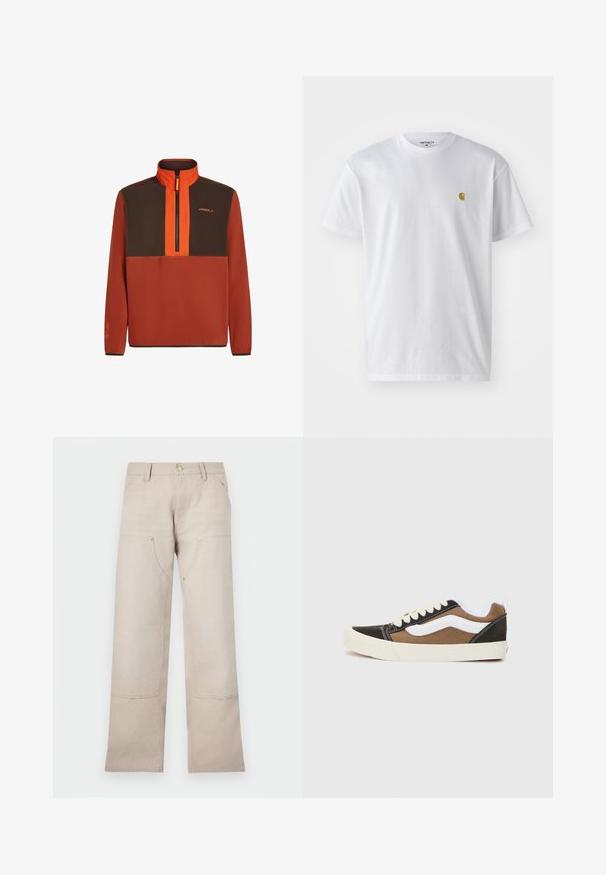 Fleece-Pullover in verbranntem Orange mit braunen Einsätzen, Viertel-Reißverschluss vorne, hohem Kragen und Logodetail. Glatte Textur und lange Ärmel.; Weißes Baumwoll-T-Shirt mit kurzen Ärmeln, Rundhalsausschnitt, mit einem kleinen goldenen Logo im linken Brustbereich. Weicher Stoff und normale Passform.; Beige Baumwollhosen mit einem geraden Bein-Design, ausgestattet mit zwei Vordertaschen und zwei Reißverschluss-Akzenten. Goldfarbene Hardware setzt Akzente.; Schwarze und braune Sneakers mit weißen Akzenten, aus Canvas-Material, im Low-Top-Design, runder Zehenbereich und beiger Gummisohle. Mit kontrastierenden Nähten.