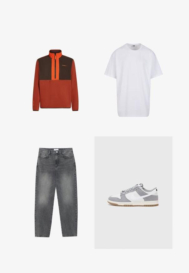 Küpsetatud apelsinivärvi fliispullover pruunide paneelidega, neljandiku tõmblukuga esiosal, kõrge kraega ja logodetailiga. Sile tekstuur ja pikad varrukad.; Valge puuvillane t-särk lühikeste varrukatega, ümmarguse kaelusega, lõdva lõikega ja ilma nähtavate logodeta või mustriteta. Sile tekstuur ja minimaalne disain.; Kõrgema vöökohtadega, lõdva lõikega teksad, mis on valmistatud tuhmist mustast denimist. Selles on viis taskut, traksid ja puhas, sirge säärelõige.; Halli ja valge tennis鞋, millel on nubuk- ja nahkdetailid, ümar varvas, lamedad nöörid ning kummist tald, millel on kola aktsent.