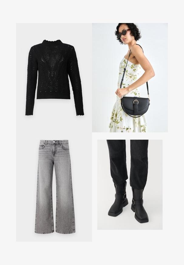 Črna pletena pulover s visokim ovratnikom, ki vključuje teksturiran vzorec in valovit rob. Dolgi rokavi z zapletenimi detajli.; Ženske široke hlače iz sive denima s pošbljenim zaključkom. Imajo klasične žepe in gumbasto zapiranje v pasu.; Črne usnjene gležnjarje s kvadratnim nosom, ki vsebujejo širok trak in podrobnost z metalno zaponko. Gležnjarji imajo debelo podplat in gladko teksturo.; Črna usnjena torbica s ukrivljeno obliko, z odstranljivo naramnico in zlatimi dodatki. Torbica ima pokrov s podrobnostmi v obliki zaponke.