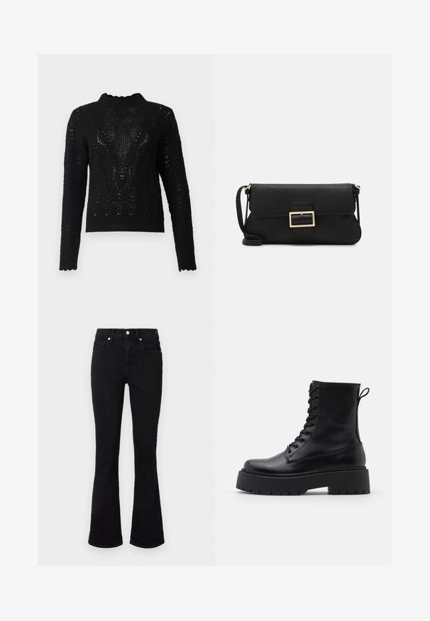 Mustmust mesiga, millel on kõrge kaelus, tekstuuriga muster ja laineline äär. Pikkade varrukatega, millel on keerukas detail.; Mustad flared teksasaapad, millel on keskmise tõusuga vöökoht, eesmine taskud ja nupplikuga kinnistus. Sile tekstuur minimaalse õmbluste detailidega.; Mustad mustad nahast pahkluu saapad ümarate varvastega, nööridega esiosas ja paksu kummist talla ning tekstuuritud mustriga. Tagumine tõmbeaas.; Must haben musta nahkklahviga kott, millel on klapp ja kuldne metallist pandla detail. Kaasas must rihm ja stiilne, minimalistlik disain.