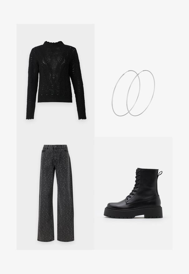 Musta neulepaita korkealla kauluksella, jossa on teksturoitu kuvio ja aallotettu helma. Pitkät hihat, joissa on monimutkaista yksityiskohtaa.; Noisy May NMJANNEL LOOSE - Relaxed fit -farkut - black denim; Musta nahkainen nilkkureita, joissa on pyöreä kärki, nauhakiinnitys edessä ja paksu kumipohja, jossa on teksturoitu pinta. Takana vetotappi.; Hopehope hopeilla, joissa on minimalistinen muotoilu. Pyöreä muoto, sileä pinta ja ohut profiili. Kevyet ja kiillotetut.