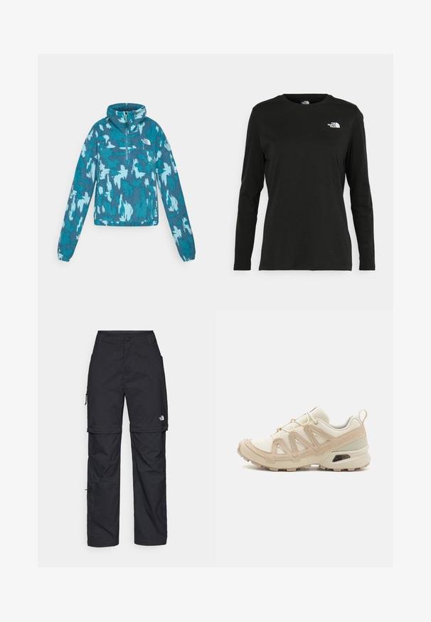 Felpa in pile verde acqua con colletto alto e zip a metà, dotata di un motivo astratto blu e bianco. Logo sul petto sinistro e sulla manica.; T-shirt nera a maniche lunghe in cotone con colletto rotondo. Presenta un piccolo logo bianco sul lato sinistro del petto. Design semplice e vestibilità comoda.; Pantaloni cargo in nylon nero con zip rimovibile, polsini regolabili, molteplici tasche e un logo sulla gamba destra. Tessuto liscio e leggero.; Scarpa atletica beige e crema con tomaia in mesh testurizzato, sovrapposizioni supportive e suola in gomma con un motivo a tasselli per la trazione.