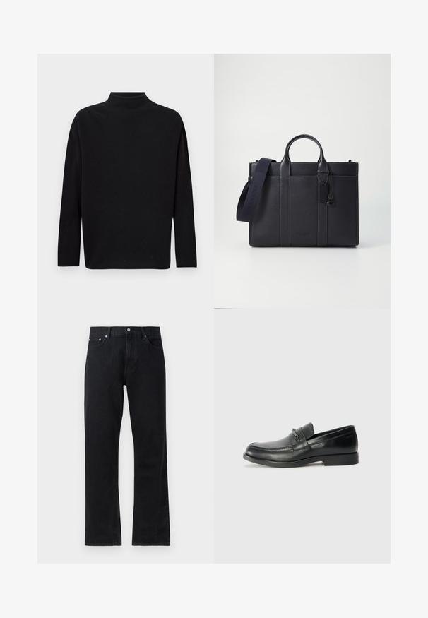 Črna turtlenecka pulover, izdelan iz mehkega pletenega materiala, s dolgimi rokavi, sproščenim krojem in visokim ovratnikom. Brez vidnih vzorcev ali dodatkov.; Črni traper hlače s ravnim krojem, z gumbom za zapiranje, petimi žepi in subtilnimi šivi.; Črne usnjene loafers čevlje z zaobljenim nosom, ki imajo šivano zasnovo, majhen sprednji trak z kovinskim okrasjem in ravno gumijasto podplati.; Temno mornarsko usnjeno aktovko z dvema zgoraj ročaji in odstranljivim trakom. Ima teksturirano površino, navpične šive in podrobnost z logotipom.