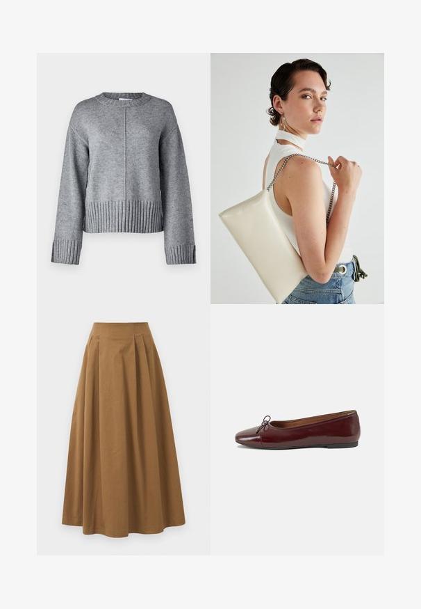Gray knitted sweater with a round neck, dropped shoulders, and ribbed hem and cuffs. Soft texture and lightweight fabric, cropped design.; Brown cotton A-line skirt with a high waist, featuring pleats down the front and a smooth texture. Hem finishes are clean and simple.; Burgundy patent leather ballet flat with a rounded toe, small bow accent at the front, and a low, black rubber sole. Smooth texture.; White rectangular clutch bag made of glossy material, featuring a silver chain strap. Model poses, showcasing the bag against a plain background.