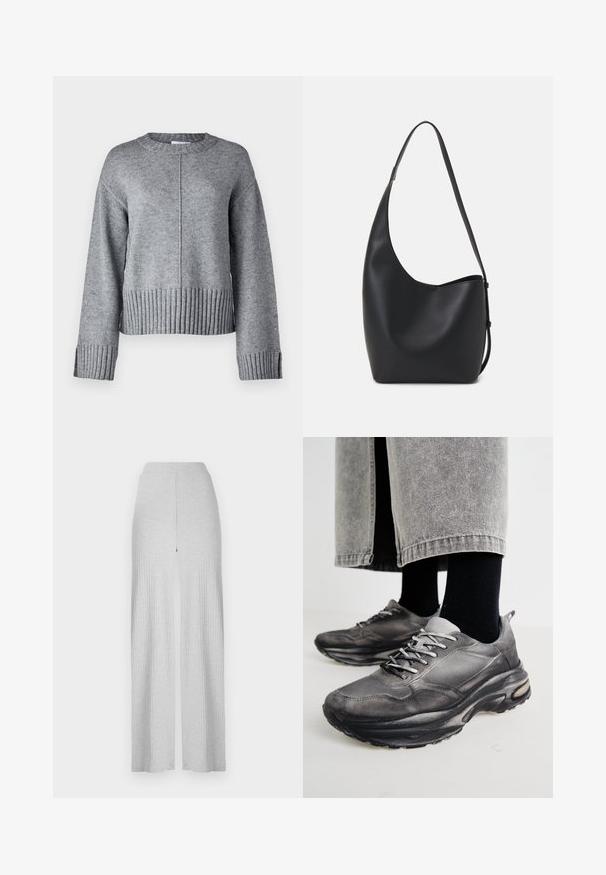 Grå strikket genser med rund hals, senket skuldre og ribbestrikket kant og ermer. Myk tekstur og lett stoff, kort design.; Lys grå ribbede bukser med vide ben, høy midje og en splitt foran. Laget av myk stoff med en glatt tekstur.; Sorte og grå treningssko har en mesh-overdel, tykke såler og snøring. De har en rund tå og synlige dempe detaljer.; Svart lær hobo-veske med glatt tekstur, buet form og enkelt justerbart stropp; har en bred åpning på toppen.