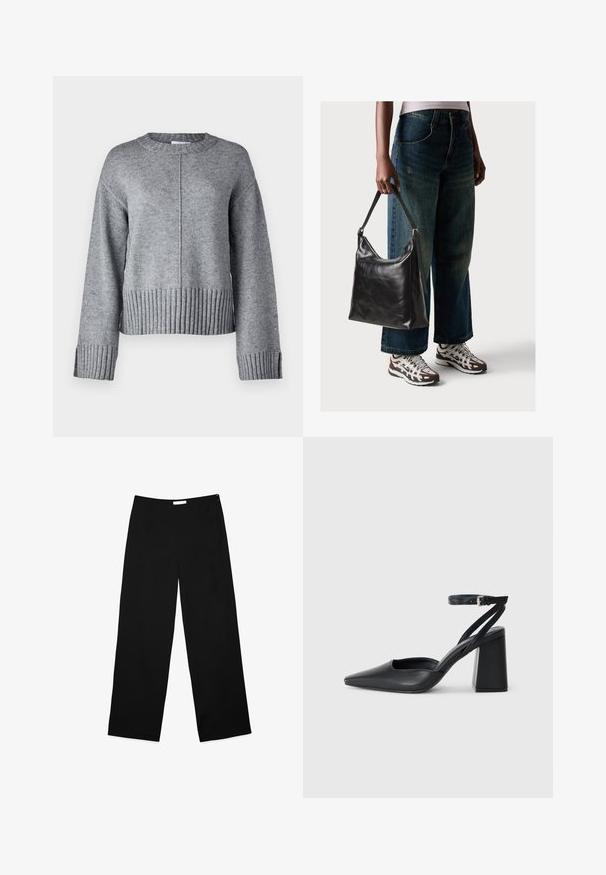 Szary sweter o dzianinowej strukturze z okrągłym dekoltem, opadającymi ramionami oraz prążkowanym wykończeniem u dołu i przy mankietach. Miękka tekstura i lekki materiał, skrócony krój.; Czarne spodnie o szerokich nogawkach, wykonane z gładkiego materiału, o minimalistycznym designie, z dyskretnym zapięciem na zamek bocznym.; Czarne skórzane czółenka z ostrym noskiem, z paskiem na kostce i grubym obcasem. Gładka faktura, elegancki design i minimalistyczna estetyka.; Czarna skórzana torba na ramię o gładkiej fakturze i regulowanym pasku, w zestawieniu z wyblakłymi dżinsami typu wide-leg i sportowymi butami.