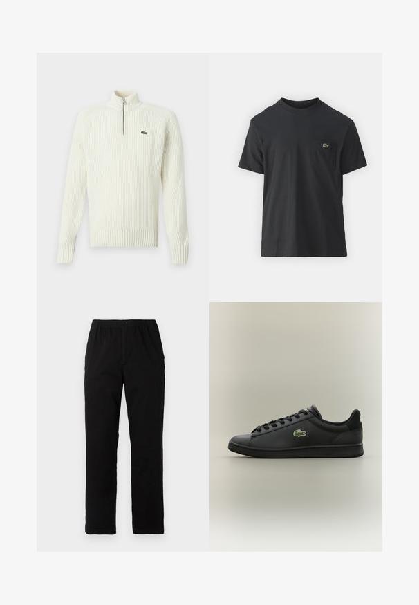 Maglione a zip color crema, lavorato a maglia con texture a coste, colletto alto e un piccolo logo verde sul lato sinistro del petto. Maniche lunghe e orlo sagomato.; T-shirt in cotone nero con maniche corte, scollatura rotonda e un piccolo logo verde sul taschino sinistro. Design semplice, vestibilità regolare.; Pantaloni neri realizzati in un tessuto misto cotone, caratterizzati da un taglio dritto, vita elastica con bottone e senza motivi o dettagli visibili.; Sneaker in pelle nera a bassa incollatura con lacci neri, dotata di un logo di coccodrillo verde sul lato, su uno sfondo neutro uniforme.